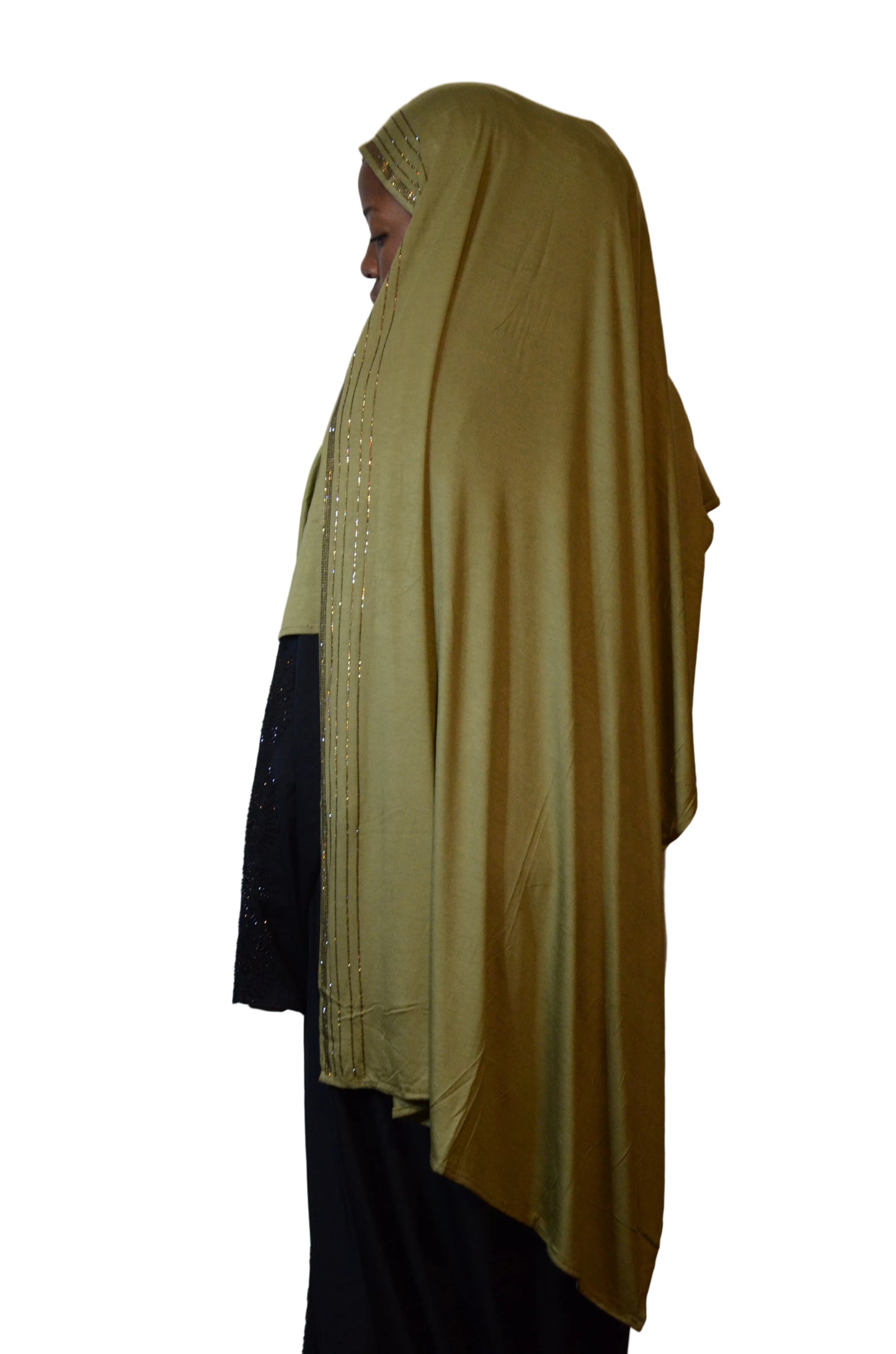 Model wearing an olive premium jersey rhinestone hijab showing full length and back drape