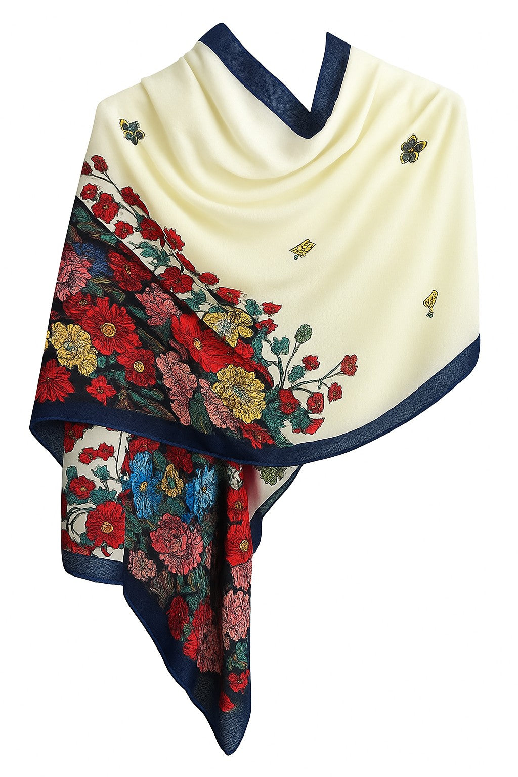 Model wearing a cream cotton voile linen floral print hijab with navy border, styled draped over shoulders
