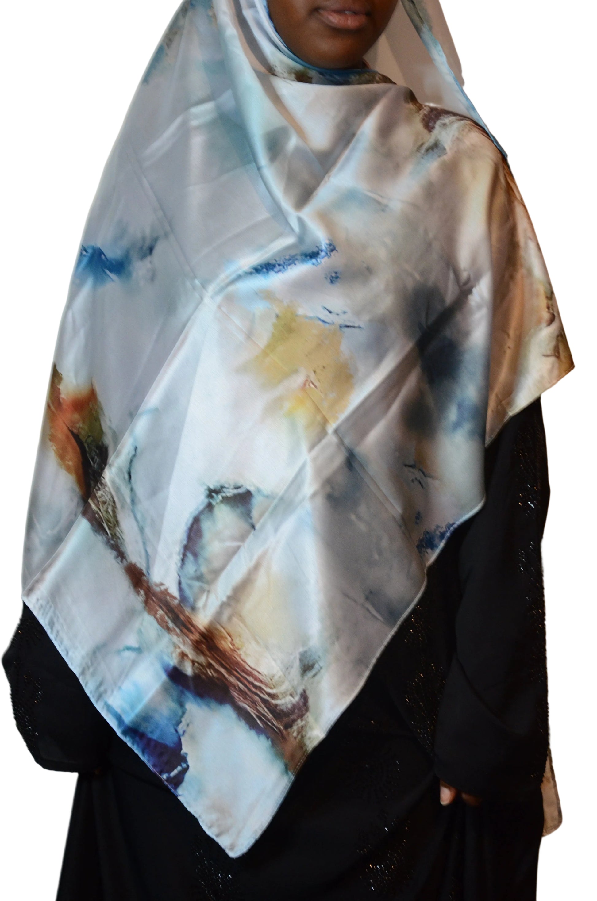 Celeste Marble Satin Silk-Feel Hijab – A Soft Abstract Statement with Sky & Stone Tones