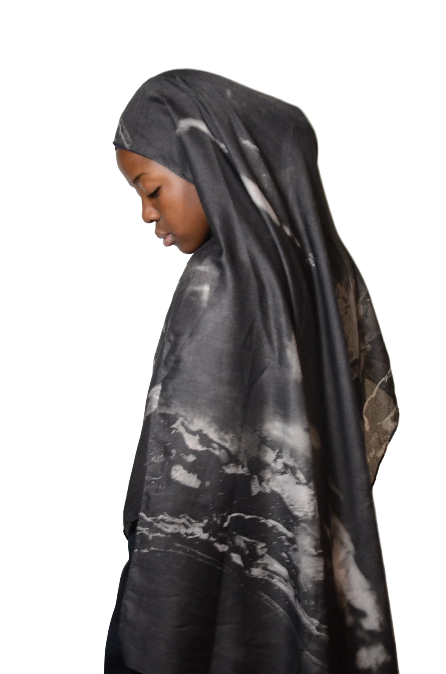 Model wearing the Charcoal Stone hijab with dark charcoal and stone marble tones
