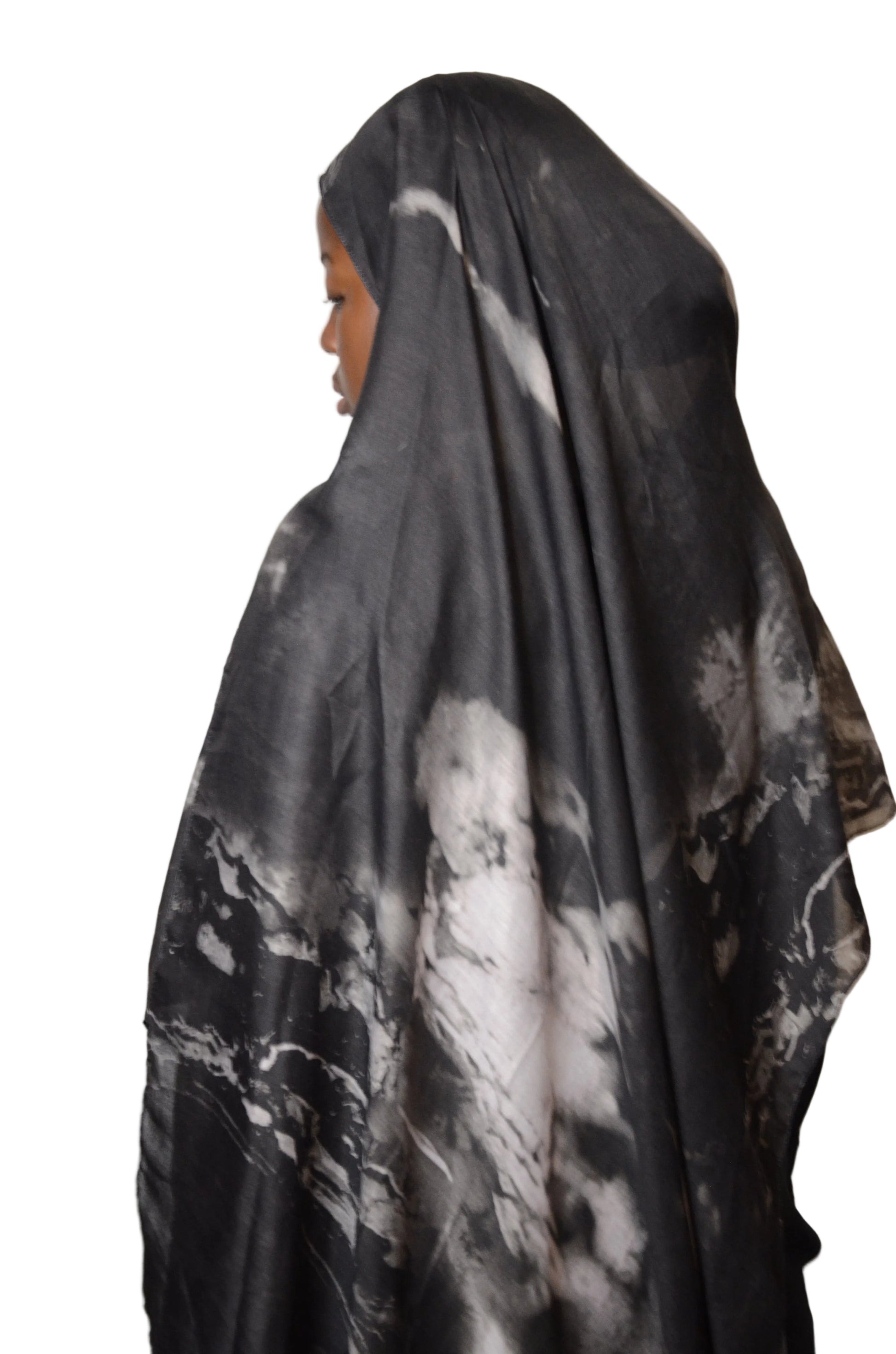 Model wearing the Charcoal Stone hijab with dark charcoal and stone marble tones