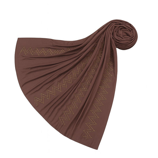 https://www.amodeyah.com/cdn/shop/files/Chocolate Brown Premium Jersey Hijab with Golden Zigzag Embellishments.jpg