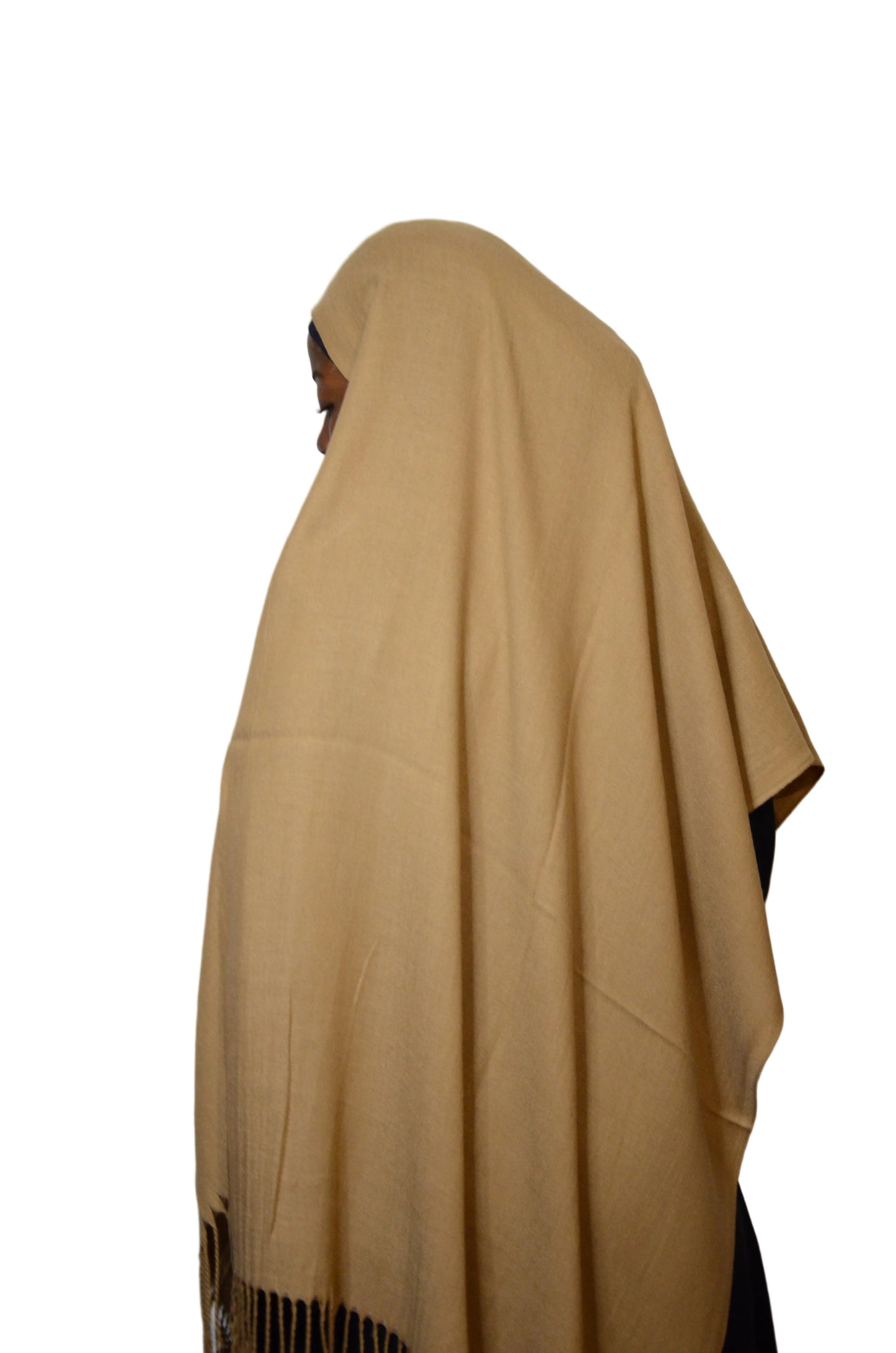 Model wearing the Classic Camel Tassel Hijab with a soft drape and tassel detailing