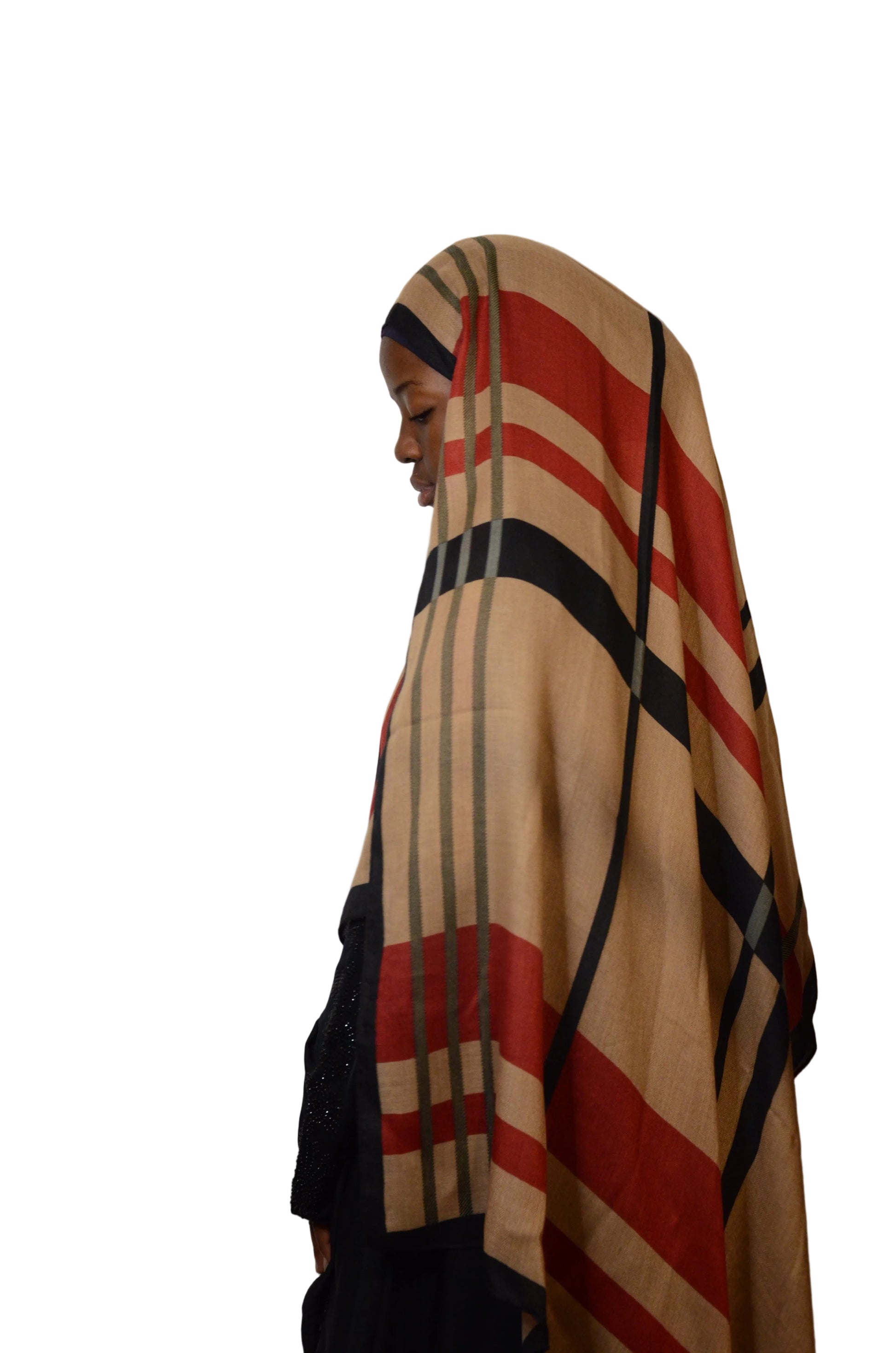 Checkered scarf with red, black, and beige pattern on a white background