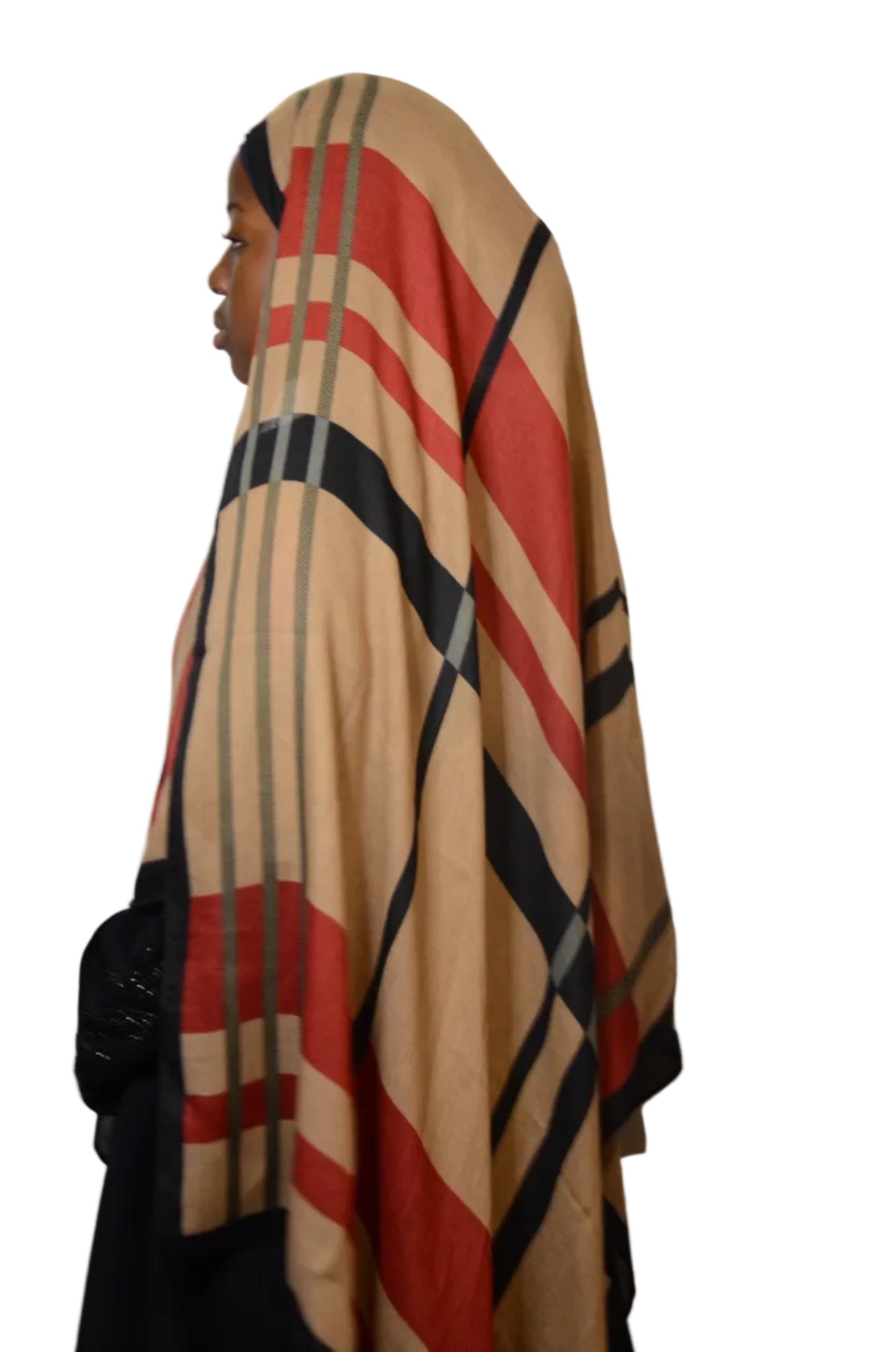 Model wearing the Classic Check Modal Hijab with geometric check design, shown from the back