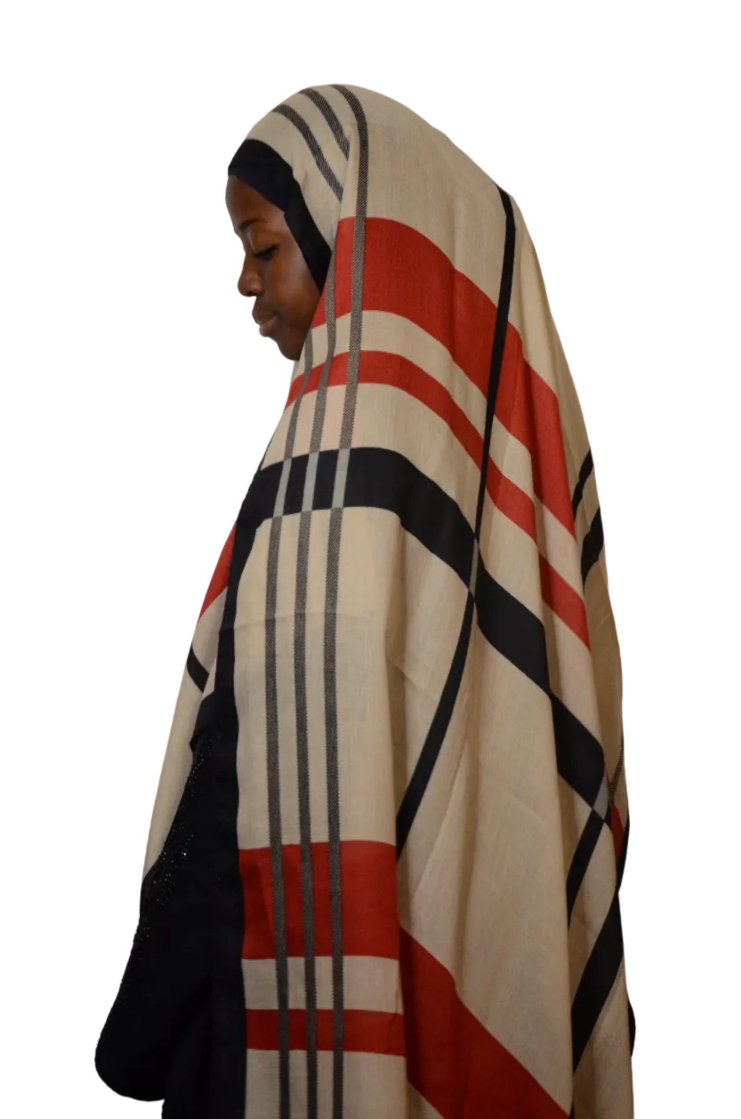 Person wearing a patterned garment on a white background