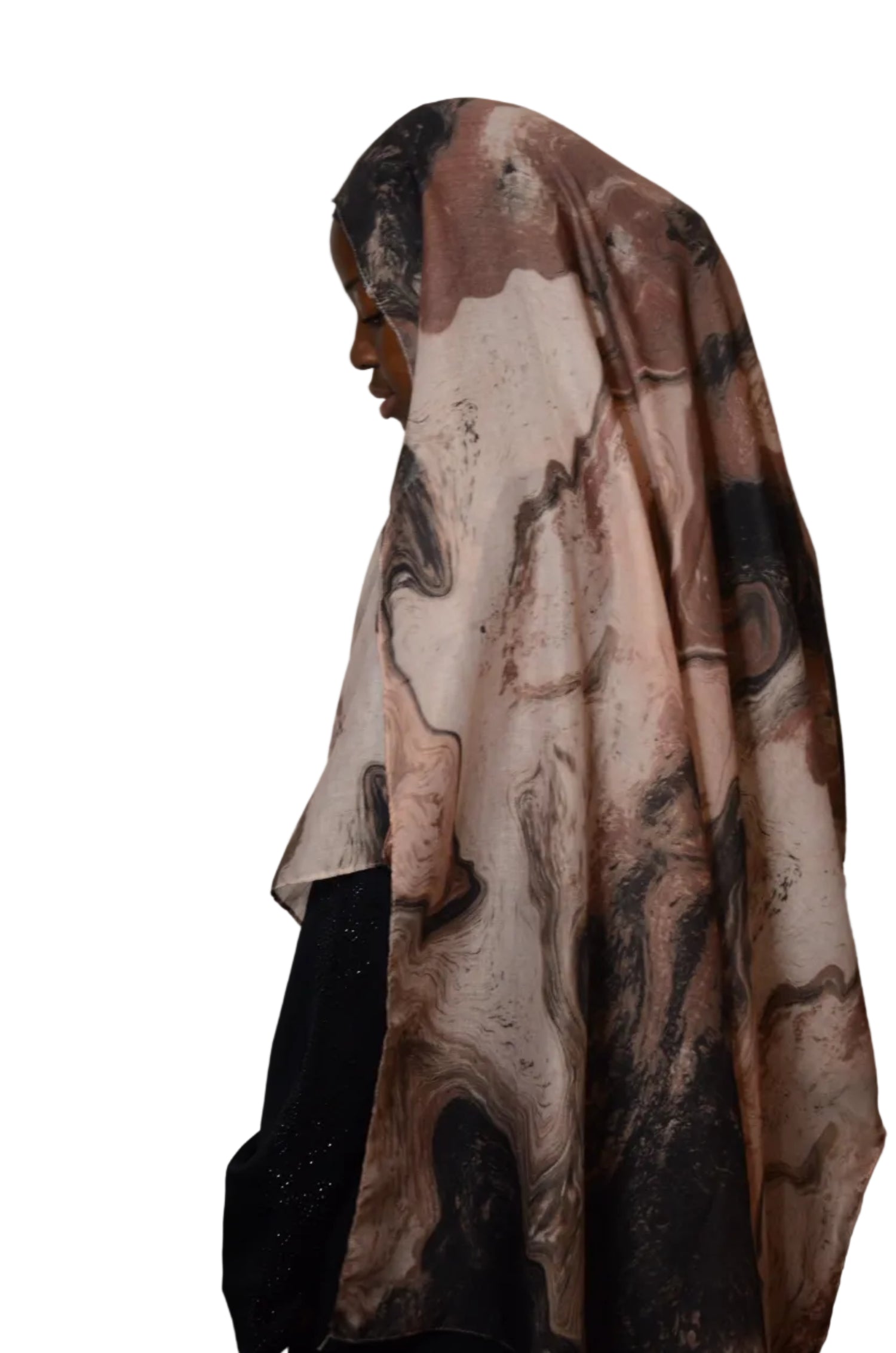 Side profile of model wearing the Mocha Stone modal hijab with warm marble tones and soft drape