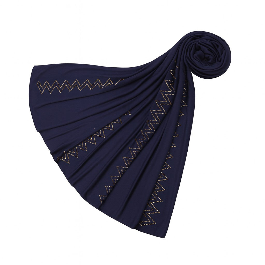 https://www.amodeyah.com/cdn/shop/files/Navy Blue Premium Jersey Hijab with Golden Zigzag Embellishments.jpg