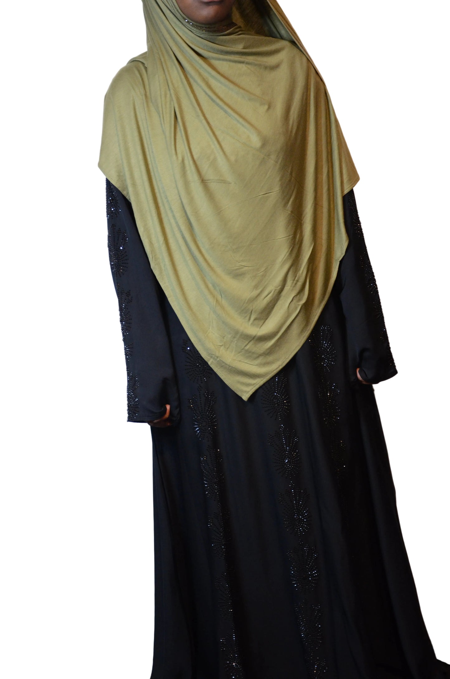 Model wearing an olive premium jersey hijab with rhinestone trim, front draped view